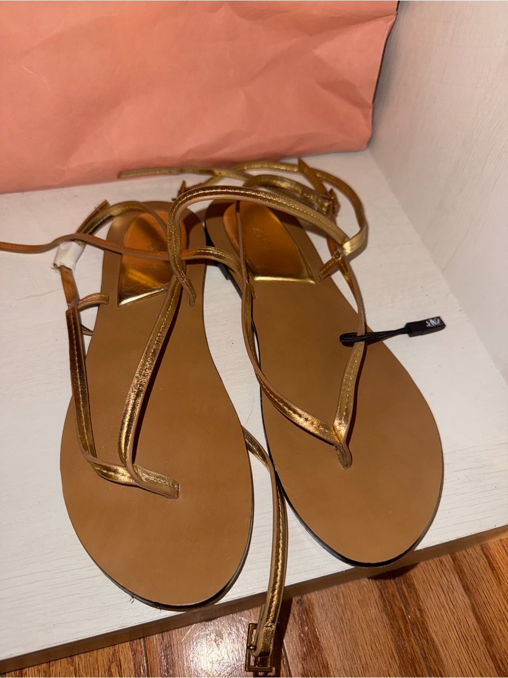 Zara Metallic Gold Strappy Flat Sandals
